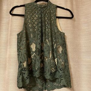 Olive Green Lace Sleeveless Funnel Neck Tank Top